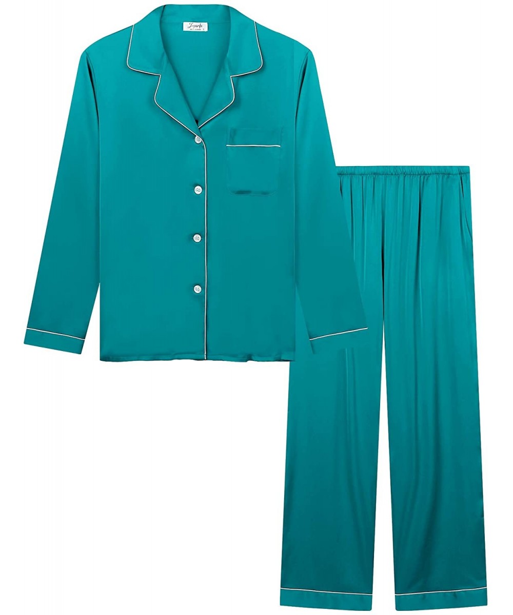 Sets Womens Satin Silky Short Sleeve Button Up/Down Summer Pajama/Pj Shorts Set - Long-teal - CL197Y6D0DX