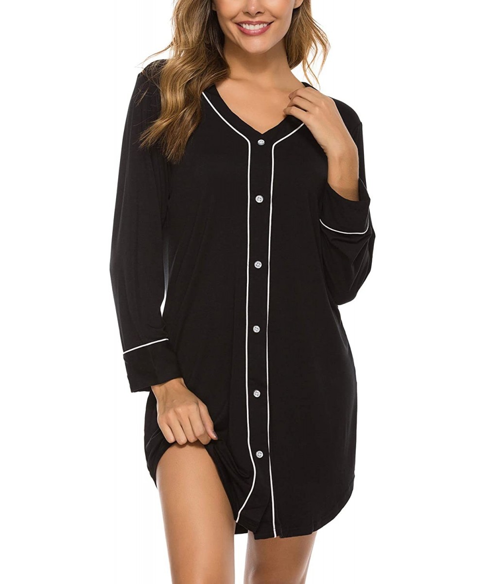 Tops Nightgowns for Women Button Down Long & Short Sleeve Night Shirts Boyfriend Sleepwear Pajama Dress - Black - C318TQYM774