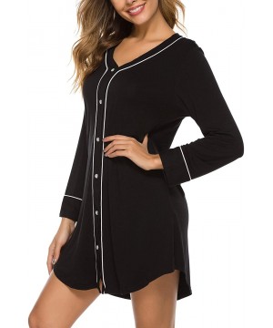 Tops Nightgowns for Women Button Down Long & Short Sleeve Night Shirts Boyfriend Sleepwear Pajama Dress - Black - C318TQYM774