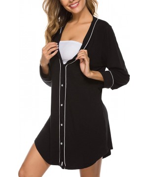 Tops Nightgowns for Women Button Down Long & Short Sleeve Night Shirts Boyfriend Sleepwear Pajama Dress - Black - C318TQYM774