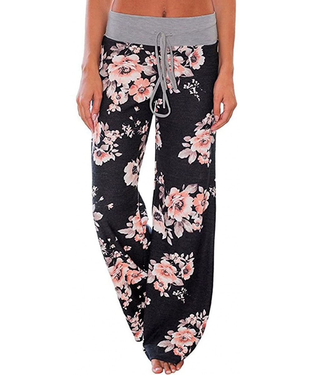 Bottoms Women's American Flag Floral Drawstring High Waist Wide Leg Pants - Black - CR1840O5U96