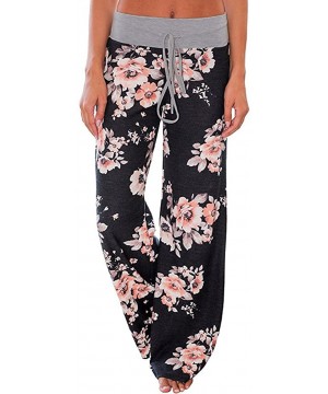 Bottoms Women's American Flag Floral Drawstring High Waist Wide Leg Pants - Black - CR1840O5U96