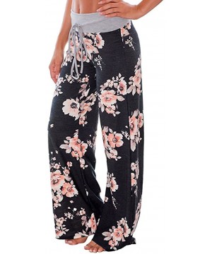 Bottoms Women's American Flag Floral Drawstring High Waist Wide Leg Pants - Black - CR1840O5U96