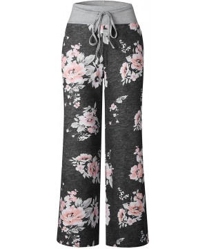 Bottoms Women's American Flag Floral Drawstring High Waist Wide Leg Pants - Black - CR1840O5U96