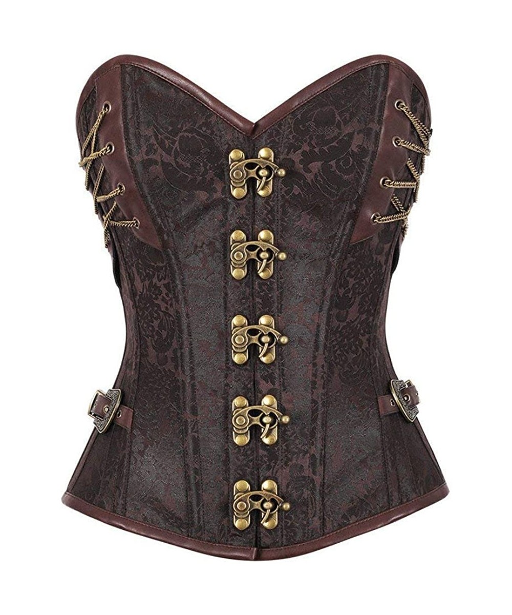 Bustiers & Corsets Fashion Women Brocade Leather Patches Gothic Steampunk Waist Training Overbust Corset Top - Brown Corset -...