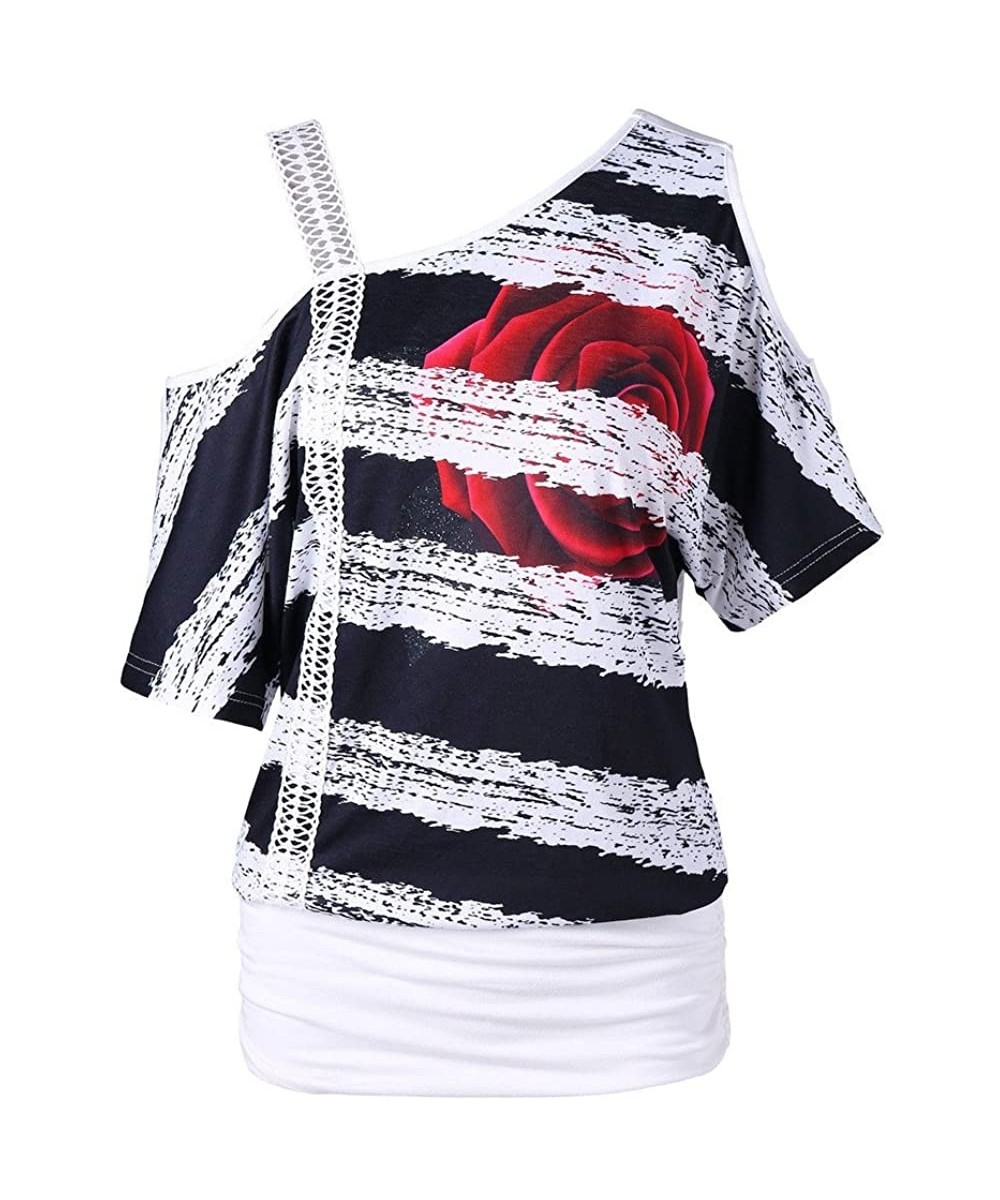 Baby Dolls & Chemises Fashion Skew Neck Strapless Tops Womens Plus Size Short Sleeve Floral Printed T-Shirt - White - CM18OMC...