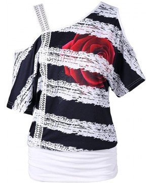 Baby Dolls & Chemises Fashion Skew Neck Strapless Tops Womens Plus Size Short Sleeve Floral Printed T-Shirt - White - CM18OMC...