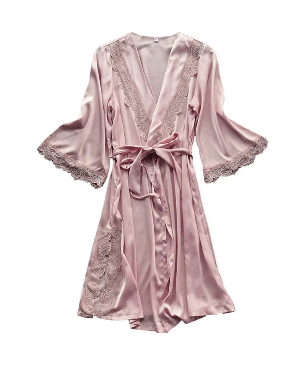 Baby Dolls & Chemises Women Sexy Silk Robe Satin Kimono Camisole Pajama Dress Sleepwear Mini Chemise - Pink（only Robe） - CB18...