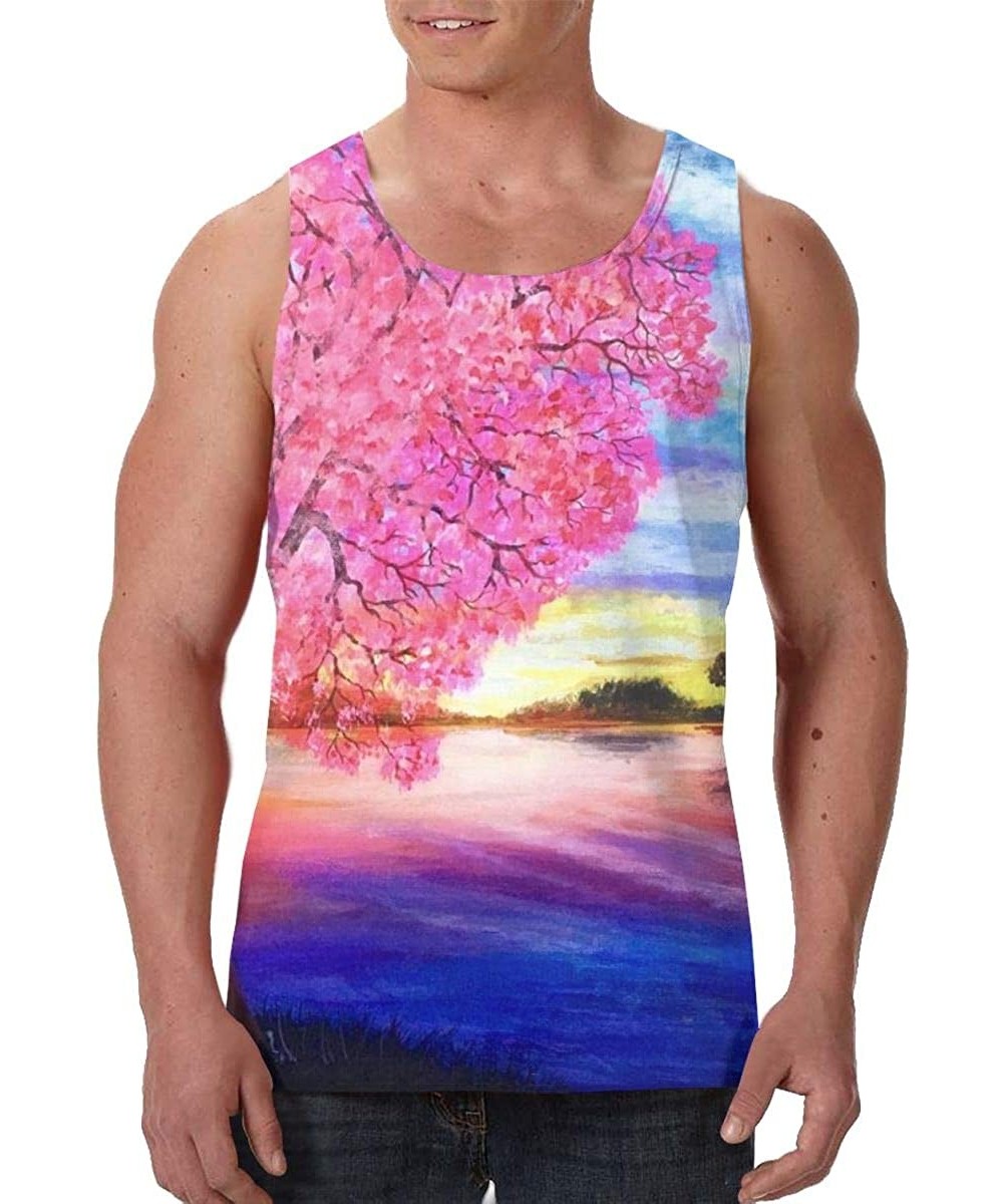 Undershirts Men Muscle Tank Top Summer Beach Holiday Fashion Sleeveless Vest Shirts - Watercolor Japan Cherry Blossom Sunset ...