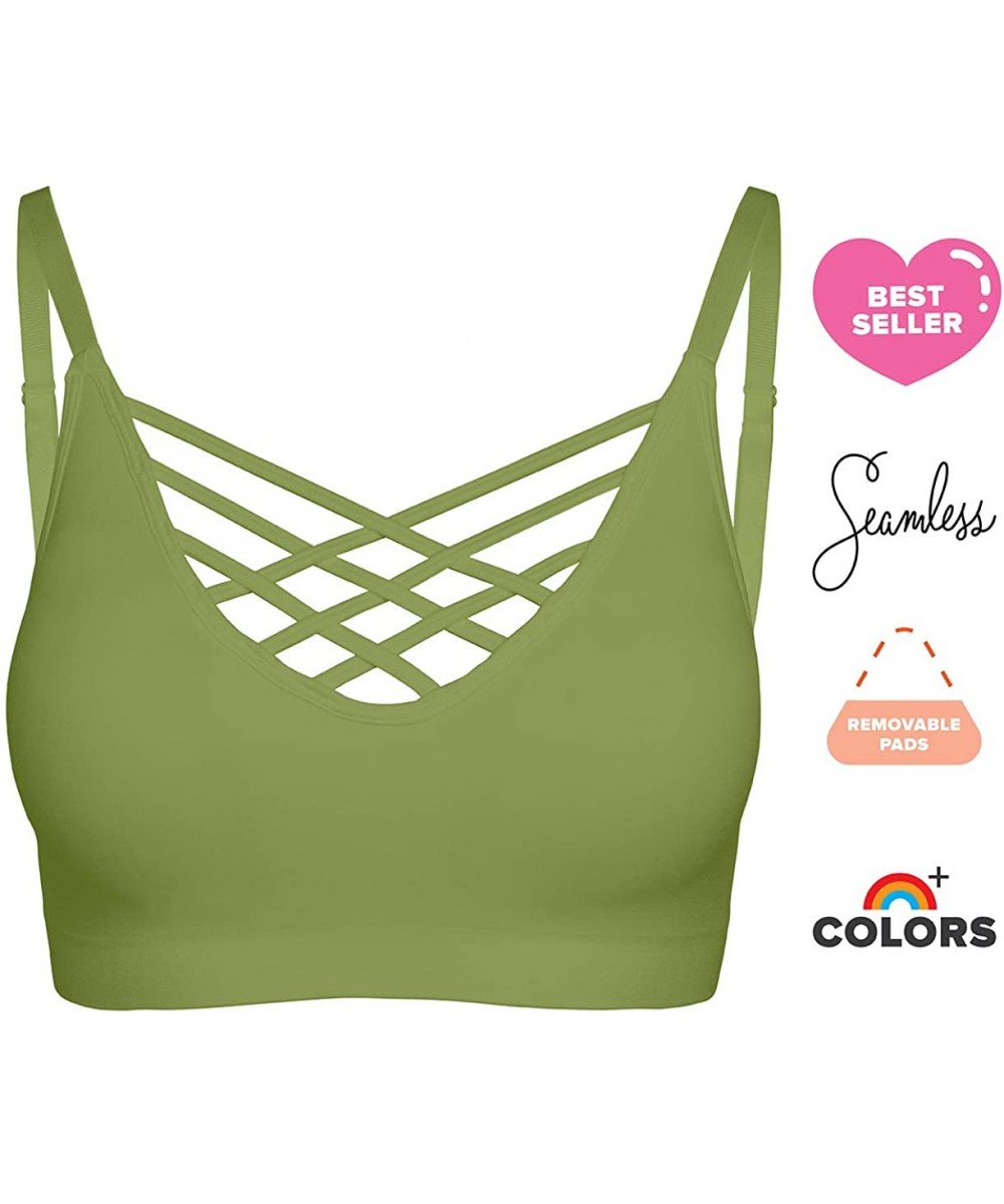 Bras Crisscross Seamless Padded Bralette - Caged Cami Top with Removable Pads Regular to Plus Size - 009_sage - C518DKNIDUT