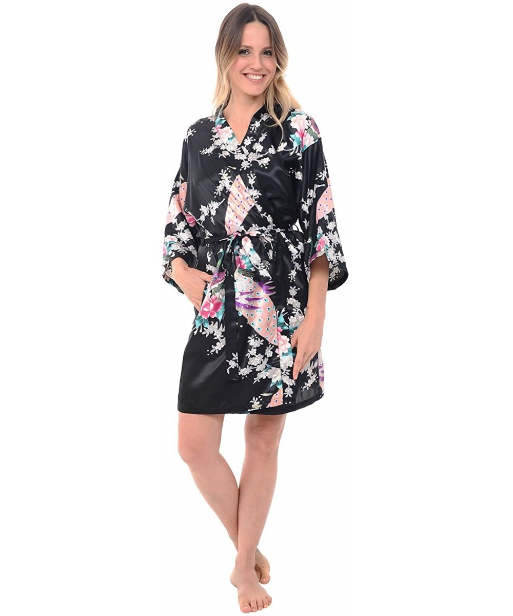 Robes Womens Satin Printed Robe- Mid-Length Dressing Gown - Black Peacock - C512LJOZ1U1