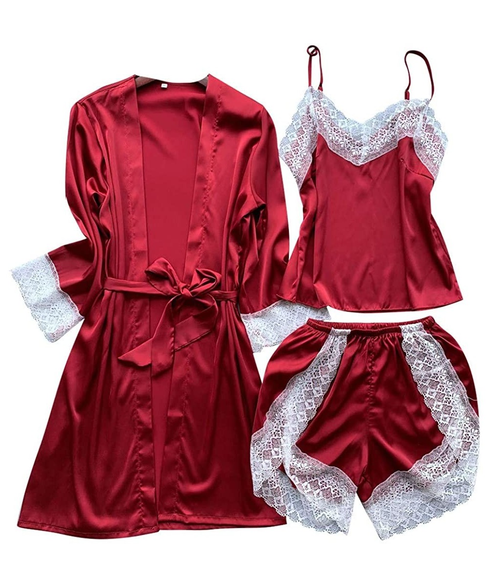 Sets Womens Silk Satin Pajama Set Sexy Lingerie Lace Trim Cami Short Sleepwear Nightwear Short Sleeve Longewear Set 03red - C...