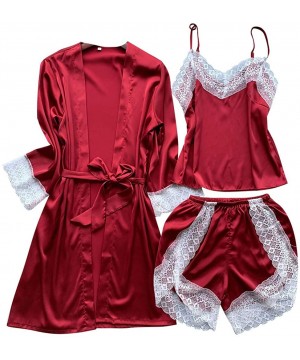 Sets Womens Silk Satin Pajama Set Sexy Lingerie Lace Trim Cami Short Sleepwear Nightwear Short Sleeve Longewear Set 03red - C...