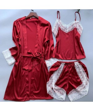 Sets Womens Silk Satin Pajama Set Sexy Lingerie Lace Trim Cami Short Sleepwear Nightwear Short Sleeve Longewear Set 03red - C...