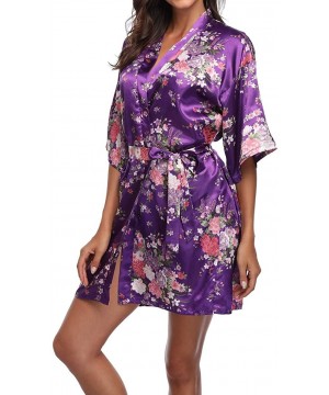 Robes Women's Floral Satin Robes Bridal Party Dressing Gown Oblique V-Neck Sleepwear - Purple - C0196ENE8IT