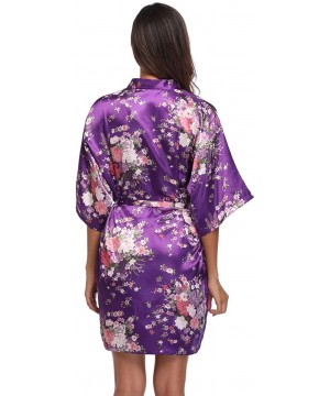 Robes Women's Floral Satin Robes Bridal Party Dressing Gown Oblique V-Neck Sleepwear - Purple - C0196ENE8IT