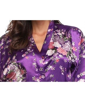 Robes Women's Floral Satin Robes Bridal Party Dressing Gown Oblique V-Neck Sleepwear - Purple - C0196ENE8IT