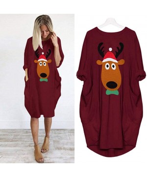 Bras Womens Casual Dresses Loose Cute Elk Printed Dresses Round Neck Christmas Dress with Pocket - Red - CJ18ZTHRQI4