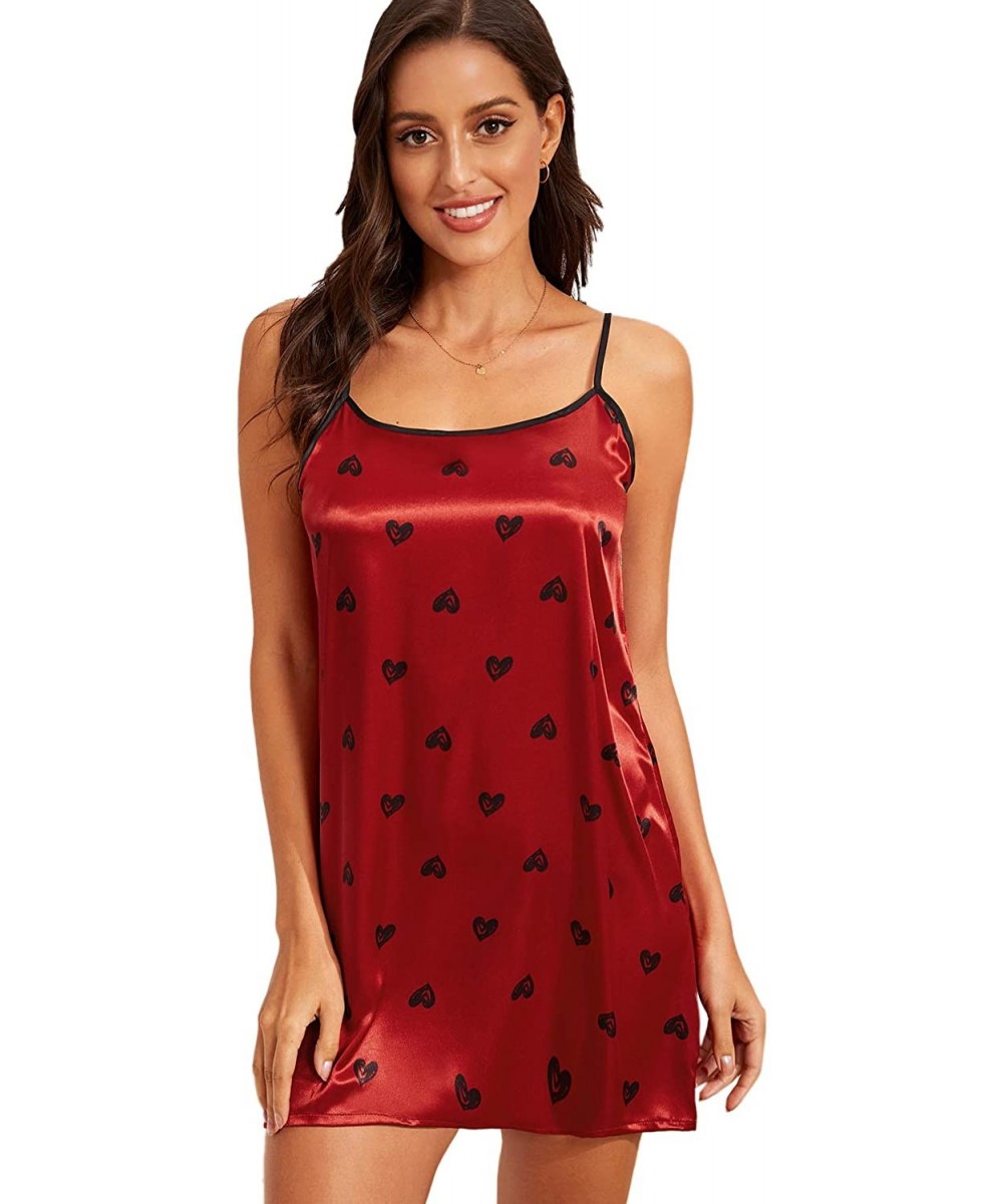 Sets Women's Graphic Print Satin Nightgown Cami Sleepwear Dress - A Red - C9193TTDUI6