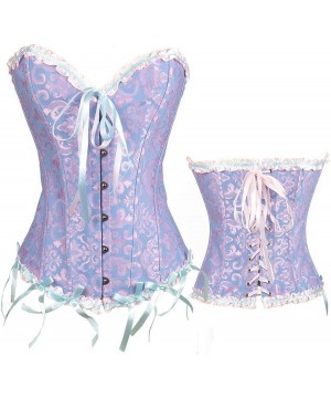 Bustiers & Corsets Vintage Corset Top Overbust Bustier Lace Up Burlesque with G-String - Blue - CK18UTNN04K