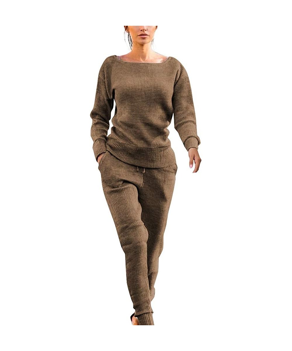 Thermal Underwear Casual Womens Autumn and Winter Trousers Set Long Sleeve Crop Tops + Pants Suit - Khaki - CE192SQMY74