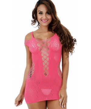 Baby Dolls & Chemises Women Sexy Flexible Fishnet Lingerie V-Neck Babydoll Mesh Teddy Bodysuit Mini Dress One Size - Pink - C...