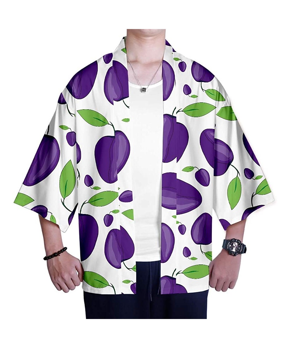 Robes Men Kimono Fruit Banana Watermelon Printed Front Open Loose Casual Cardigan Yukata Vintage Top - Plum - CZ18XT9WL6D