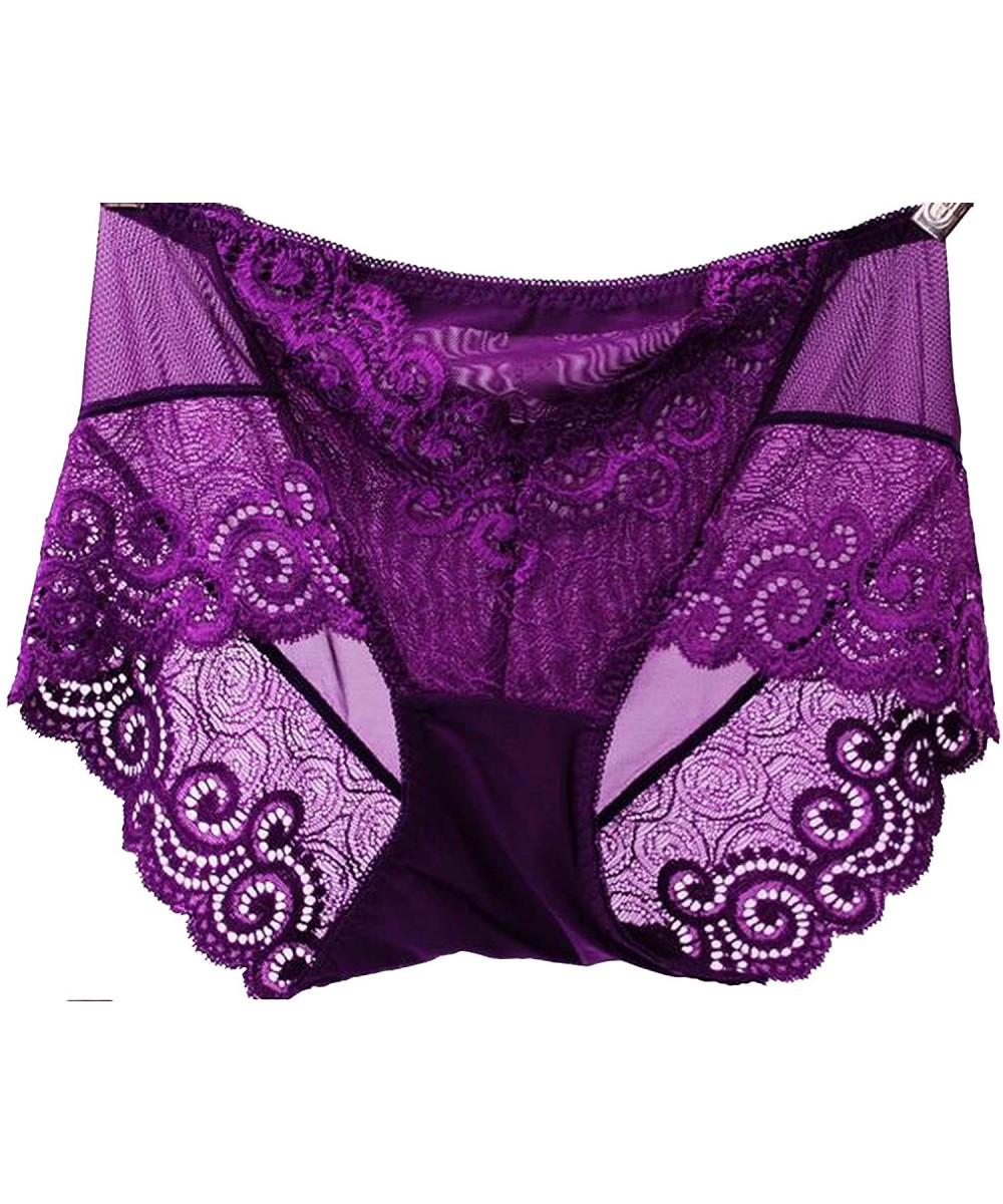 Panties Sexy Women's Panties Full Transparent Gauze Floral Lace Seamless Underwear Women Mid-Waist Briefs - Purple - CF18T7C76CL