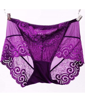 Panties Sexy Women's Panties Full Transparent Gauze Floral Lace Seamless Underwear Women Mid-Waist Briefs - Purple - CF18T7C76CL