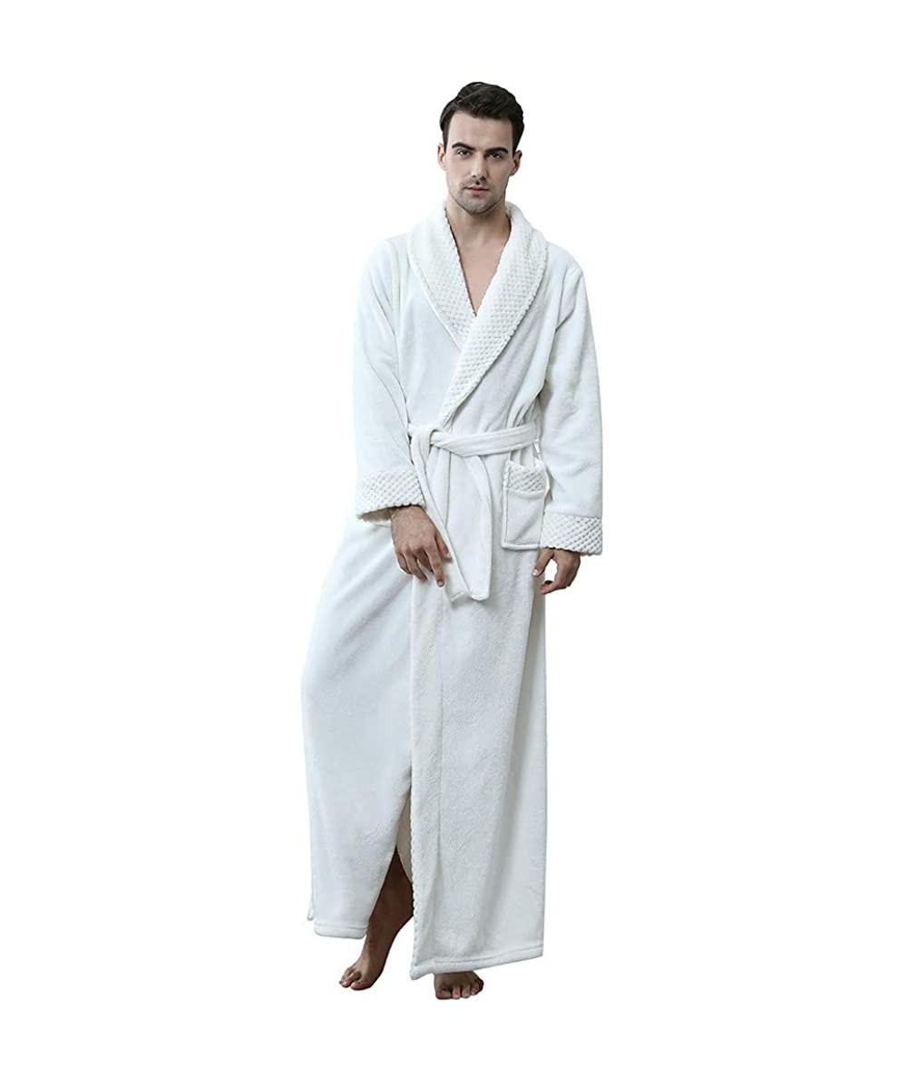 Robes Mens Solid Thicken Velvet Robe Bathrobe Gown Pajamas Sleepwear Pocket Waistband - White - CD194IZA7XL