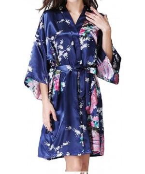 Tops Womens 1/2 Sleeve Mid-Length Comfy Floral Printed Kimono Loungewear PJ - Navy Blue - C01987606HX