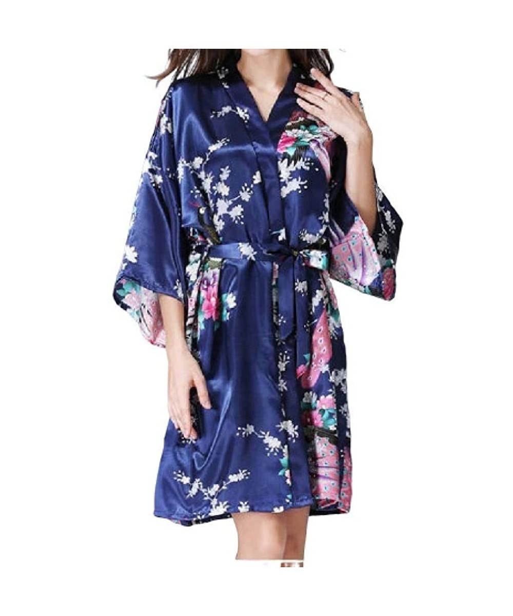 Tops Womens 1/2 Sleeve Mid-Length Comfy Floral Printed Kimono Loungewear PJ - Navy Blue - C01987606HX