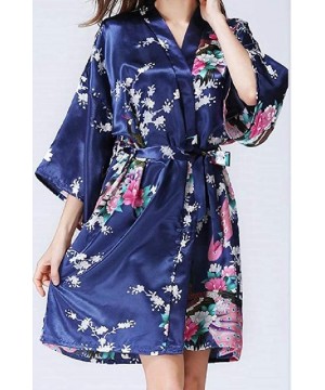 Tops Womens 1/2 Sleeve Mid-Length Comfy Floral Printed Kimono Loungewear PJ - Navy Blue - C01987606HX