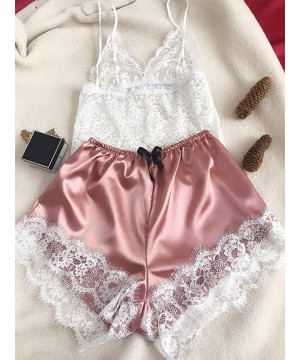 Sets Womens Sexy Eyelash Floral Lace Lingerie Set V-Neck Crop Top Faux Silk Wide Leg Shorts Pajamas Sleepwear - Pink - C418A0...