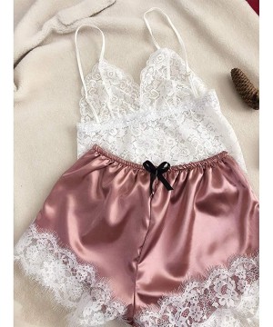 Sets Womens Sexy Eyelash Floral Lace Lingerie Set V-Neck Crop Top Faux Silk Wide Leg Shorts Pajamas Sleepwear - Pink - C418A0...