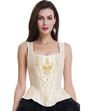 Bustiers & Corsets Women's Overbust Steel Boned Embroidery Lace Up Back Strap Corset Bustier Top - Beige - CA18Z6I6I4Z