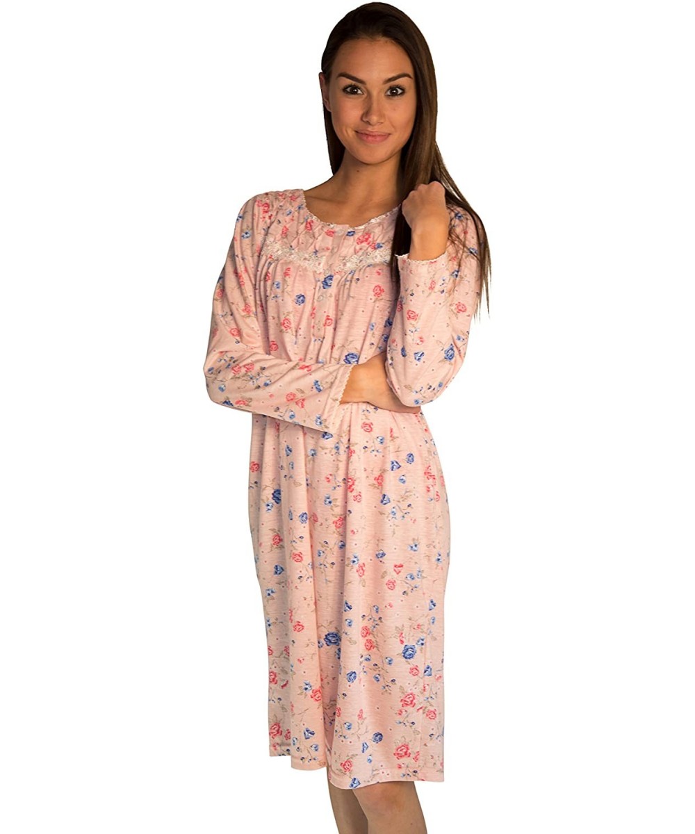 Nightgowns & Sleepshirts Long Sleeve Cotton Nightgown Dress with Flower-Print - Medium to 5X Available (649) - Pink - C0180HI...