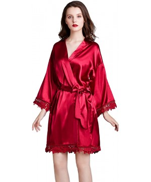 Robes Women's Pure Color Short Satin Robes V-Neck Kimono Bride Bridesmaid Nightgown - Red - CE190WWH0G9