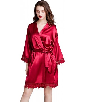 Robes Women's Pure Color Short Satin Robes V-Neck Kimono Bride Bridesmaid Nightgown - Red - CE190WWH0G9