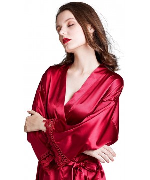 Robes Women's Pure Color Short Satin Robes V-Neck Kimono Bride Bridesmaid Nightgown - Red - CE190WWH0G9