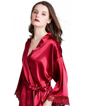 Robes Women's Pure Color Short Satin Robes V-Neck Kimono Bride Bridesmaid Nightgown - Red - CE190WWH0G9