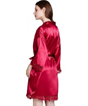 Robes Women's Pure Color Short Satin Robes V-Neck Kimono Bride Bridesmaid Nightgown - Red - CE190WWH0G9