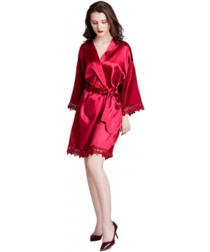 Robes Women's Pure Color Short Satin Robes V-Neck Kimono Bride Bridesmaid Nightgown - Red - CE190WWH0G9