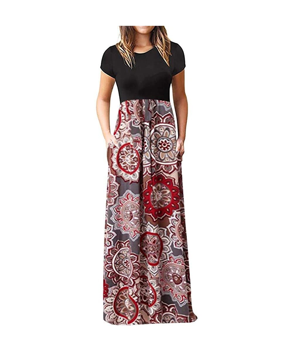 Garters & Garter Belts Women's Casual Loose Short Sleeve Floral Maxi Dresses with Pockets - Brown a - C118TDORTTT