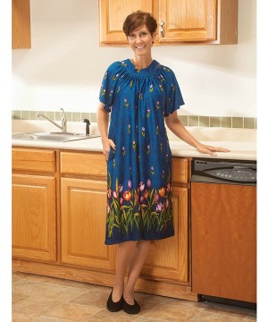 Nightgowns & Sleepshirts Poly Knit Lounger with Border Print- 1X Navy Blue - C9180UA3S6H