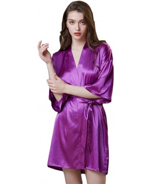 Robes Womens Kimono Robes Short Satin Pure Color Bridal Party Robe with Oblique V-Neck - Purple - C7198UYTDO3