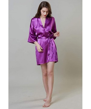 Robes Womens Kimono Robes Short Satin Pure Color Bridal Party Robe with Oblique V-Neck - Purple - C7198UYTDO3