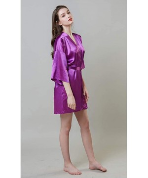 Robes Womens Kimono Robes Short Satin Pure Color Bridal Party Robe with Oblique V-Neck - Purple - C7198UYTDO3