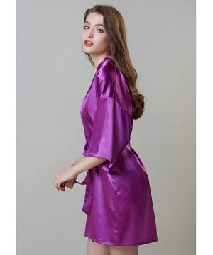 Robes Womens Kimono Robes Short Satin Pure Color Bridal Party Robe with Oblique V-Neck - Purple - C7198UYTDO3