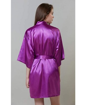 Robes Womens Kimono Robes Short Satin Pure Color Bridal Party Robe with Oblique V-Neck - Purple - C7198UYTDO3